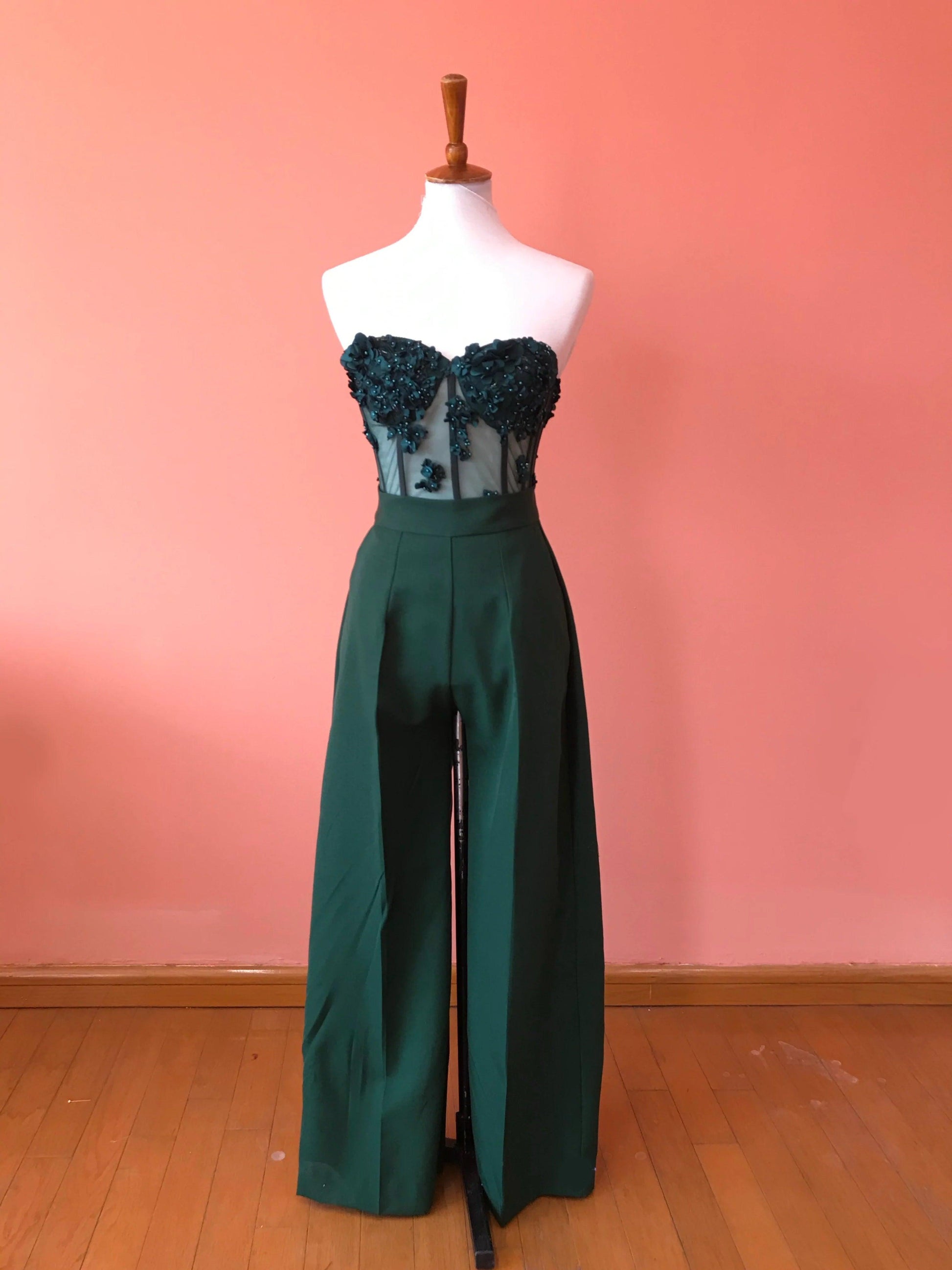 Pantalón pata ancha verde bosque talla 4 largo 100 cm ENVÍO/ENTREGA INMEDIATA - Georgina Chávez